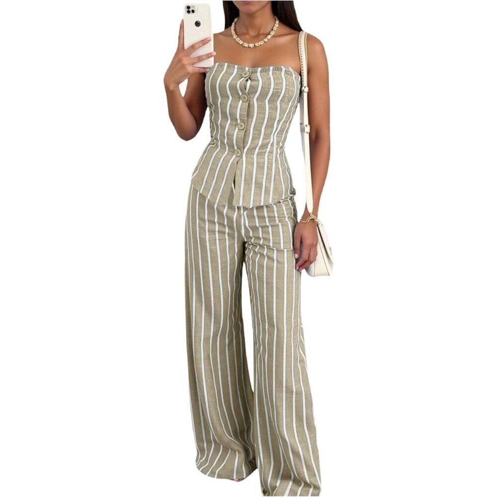 Women's 2 Piece Outfit Set Striped Button Down Bandau Top Wide Leg Pants